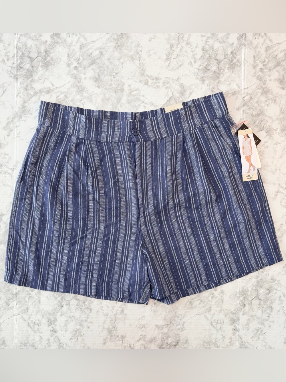Revery Navy and Light Blue Striped Pleated Women's Shorts